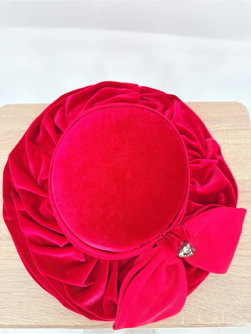 Whittall & Shon Vintage Red Wool Velvet Wide Brim Hat Rhinestone Bow Pillbox